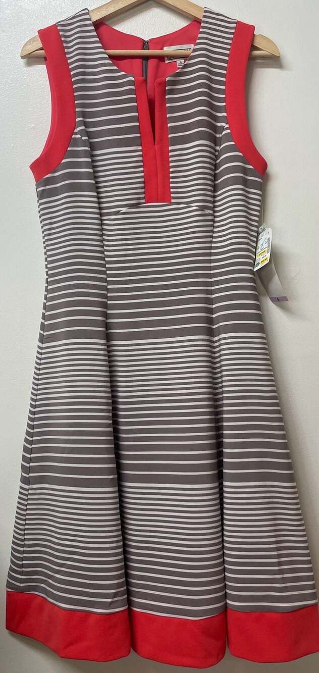 Bethany Striped A-line Sleeveless Dress Contrast Trim Size 6 Chic Work Red Grey